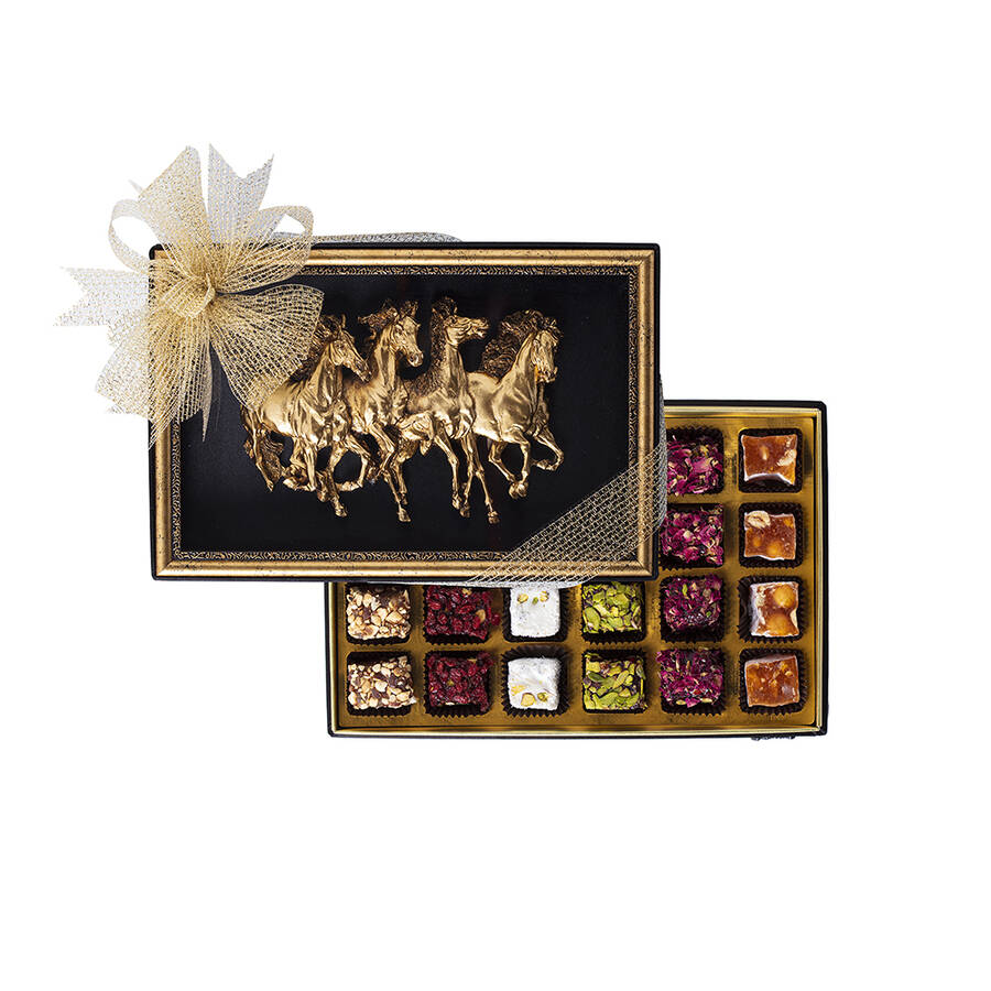 Handmade Special Turkish Delight in Gold Horses Framed Box