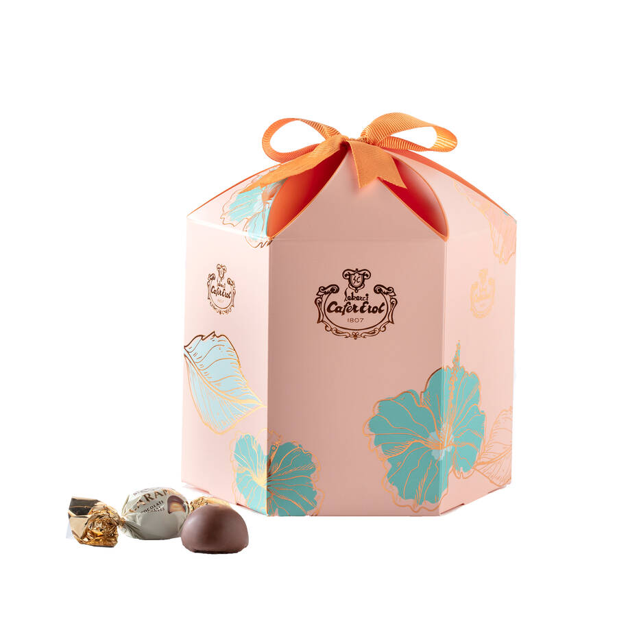 Chocolate Caramel in Orange Hexagonal Flower Box