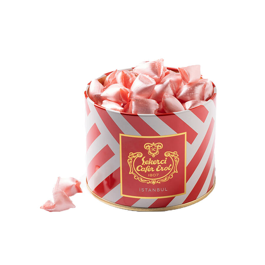 Strawberry Flavored Rock Candy in Crystal Lid Tin Box 350 G.