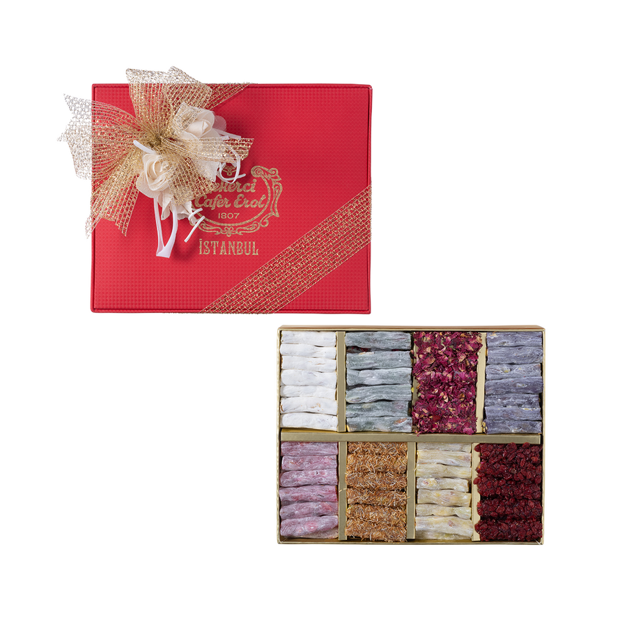 Traditional Mixed Finger Turkish Delight in an Eight Compartment Red Box